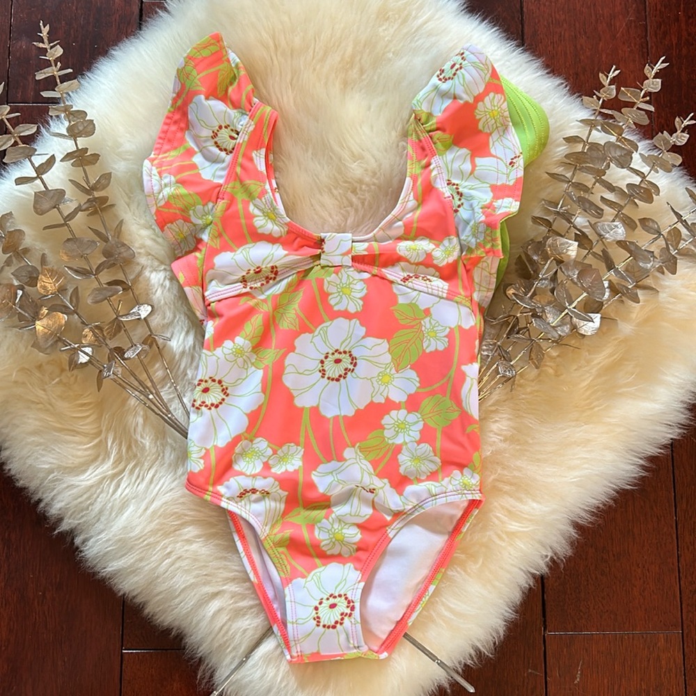 NWT Janie and Jack retro mod neon orange lime green floral girls swimsuit NEW!
